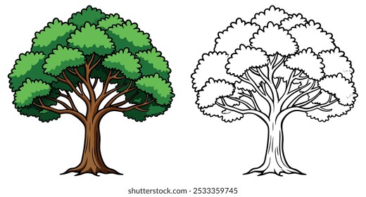 Libro para colorear del árbol para el diseño imprimible de la Ilustración vectorial de los niños en el fondo blanco