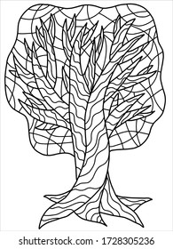 Baumfärbebuchseite. Schwarze Umrandung weiß isoliert. Gartenbaum mit Zweigen, Kronen, Fass und Wurzelstock Vektorgrafik. 