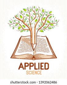 Tree combined with pencil over open vintage book education or science knowledge concept, educational or scientific literature library vector logo or emblem. 