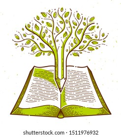 Tree combined with pencil over open vintage book education or science knowledge concept, educational or scientific literature library vector logo or emblem. 