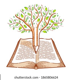 Árbol combinado con lápiz sobre el concepto de conocimiento científico o educación de libros vintage, logotipo o emblema de la biblioteca de literatura científica o educativa. 