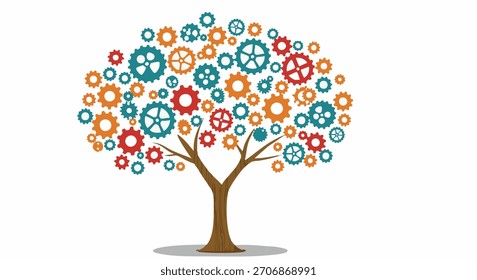 Tree composed of colorful gears represents interconnected systems and mechanical processes symbolizing growth innovation and the power of collaboration in engineering technology and problem solving.