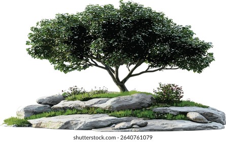 Tree composition vector layout with rocks, grass, nature scene cutout, outdoor design, landscape, green grass, natural elements, environment, tranquil, natural scene, eco friendly.