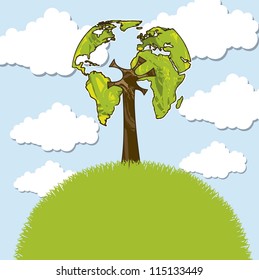 tree concept over grass and sky, drawing. vector illustration