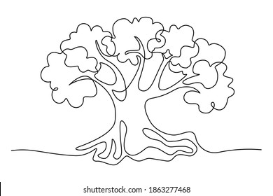 Tree in continuous line art drawing style. Old tree with thick trunk and huge roots black linear design isolated on white background. Vector illustration