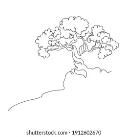 Tree in continuous line art drawing style. Old tree with twisted trunk is growing on the rocky slope. Black linear design isolated on white background. Vector illustration