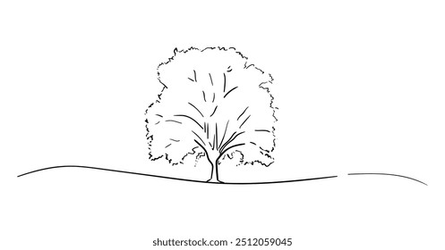 Baum im fortlaufenden Linien Art Zeichnungsstil. Riesengroßes und kraftvolles Baumschwarz-Lineardesign einzeln auf weißem Hintergrund. Vektorgrafik