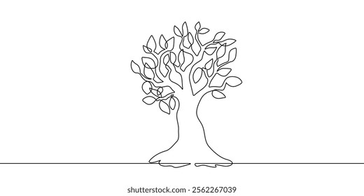 Tree Continuous Line Drawing. Simple Modern Linear Drawing of Tree with Leaves. Forest Plant Minimalism Style One Line Vector Illustration for Trendy Design. Not AI