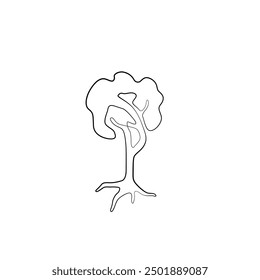 Tree continuous line drawing, tattoo, print and logo design, silhouette single line on a white background, isolated vector illustration.