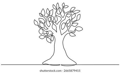 Tree Continuous One Line Drawing. Simple Tree with Leaves One Line Drawing. Minimalist Contour Illustration. Vector. Not AI