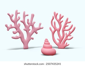 Tree coral, pink spiral shell on blue background. Concept of ocean floor