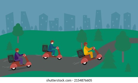 Tree Couriers on scooter with different skin color deliver food In city. Fast ecological green food delivery service, motorbike driver courier. Vector illustration in flat style