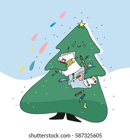 ?hristmas tree with crayons, paints and paper in hands. illustration for children