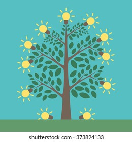 Tree of creative ideas with shining yellow lightbulbs on it and under it. Insight, inspiration, idea, invention and breakthrough concept. Flat style. EPS 8 vector illustration, no transparency