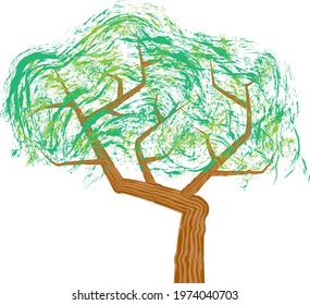 Tree with crooked trunk and green leaves
