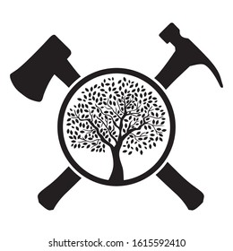 tree with crossed axes and hammer, vector illustration