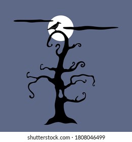 A tree and a crow against the moon. Halloween party. Vector illustration