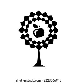 Tree with crown, branches and fruit apple, nature, decoration, decorative, graphic, vector, illustration in black and white color, isolated on white background