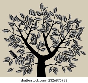 Tree crown with branches and leaves and  bird. Vintage engraving stylized drawing. Vector illustration