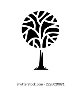 Tree with crown and branches, nature, decoration, decorative, graphic, vector, illustration in black and white color, isolated on white background