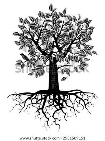 A tree with a crown of leaves and ripe apples with roots standing out on a white background. Drawing in vintage black and white engraving style. Vector illustration