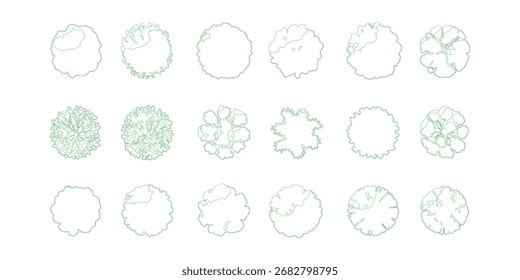 Tree crown outlines for garden design, ecological visualization projects, and environmental studies. Includes various crown shapes.