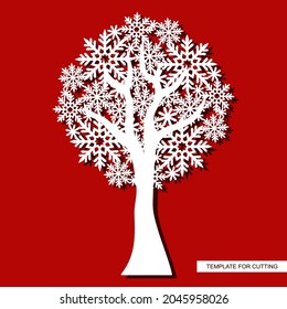 Tree with a crown of snowflakes. Winter decoration for Christmas, New Years holidays. Template for plotter laser cutting of paper, metal engraving, wood carving,  plywood, cnc. Vector illustration.