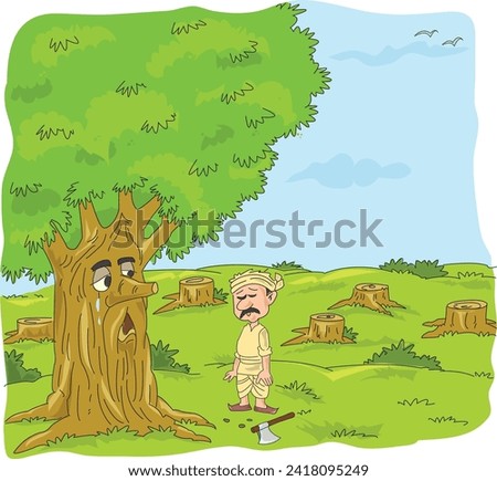 Tree crying for help from the man and man listening carefully with an axe placed aside him