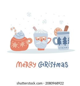 Tree cups and mugs of tea, coffee or chocolate with cream and candy cane. Christmas, New Year greeting card, invitation temlate. Handwritten text - Merry Christmas. Vintage vector illustration.