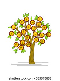  Tree with currency icons with  money from different countries. Abstract concept illustration.