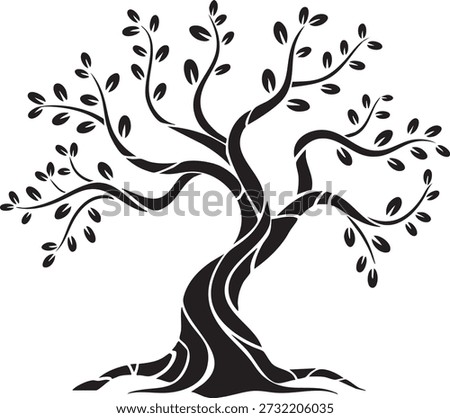 Tree with curved branches and leaves silhouette graphic