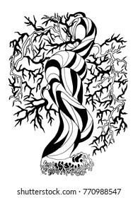 Tree with curved branches, monochrome sketch

