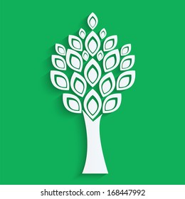 tree cut from white paper on green background.eco icon.vector