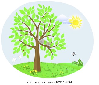 Tree with a cute birds on the background of the spring landscape with flowers and insects. Vector Illustration.