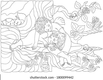 Tree with cute little angels, vector contour drawing, coloring book for children.