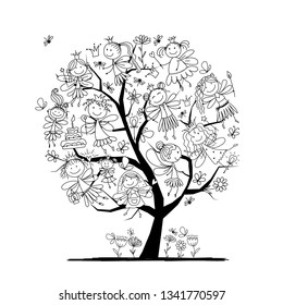 Tree with cute little fairies, coloring page for your design