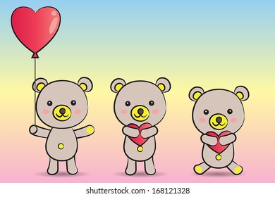 tree cute shy teddy bears with hearts. vector.