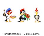 Tree cute woodpeckers isolated on white background. A woodpecker is holding a bouquet of flowers. Woodpecker artist with paints and beret. Vector illustration. Forest animal. Cartoon Woodpecker.
