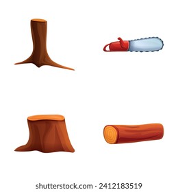 Baumschneiden-Symbole setzen Cartoon-Vektorgrafik. Waldlandschaft zerstört. Entwaldung, ökologisches Problem