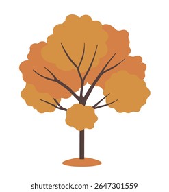 Tree with dark brown trunk and branches, filled with fluffy orange and yellow foliage, flat graphic style, isolated on white background. Concept of fall season. Vector illustration
