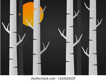 The tree in dark night forest with moon lighting