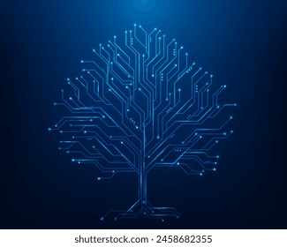 línea de circuito de tecnología de datos de árbol sobre fondo azul y punto oscuro. tarjeta de circuito digital conexión a internet. Ilustración vectorial estilo futurista de alta tecnología.