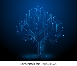 tree data technology on blue dark background. digital circuit board internet connection. vector illustration futuristic hi-tech style.