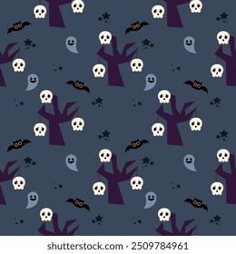 Árvore do desenho animado da morte tão fofo. Em fundo de crânio de estrela de morcego fantasma. Feliz Dia das Bruxas.  Ilustração de vetor uniforme de padrão. 