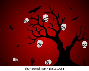 Tree of death with ghost skulls and bats in scene halloween