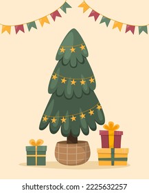 The tree is decorated with balls, garlands, lamps, a star, gift boxes. Christmas tree. Merry Christmas. Happy New Year. Vector image, illustration