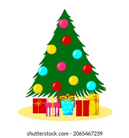 The tree is decorated with balls with gifts underneath. Christmas vector illustration