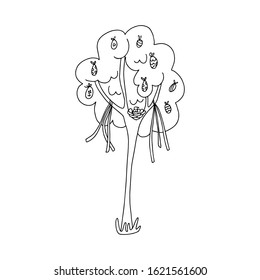 A tree decorated with eggs and ribbons in doodle style. Isolated outline.  Single picture for logo design and Easter greeting cards. Hand drawn vector illustration in black ink on white background.
