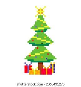 Baum mit Garland und Kugeln in Pixelkunst. Neujahr und Weihnachtsgeschenkbox. Design-Element für Grußkarte. Vektorgrafik