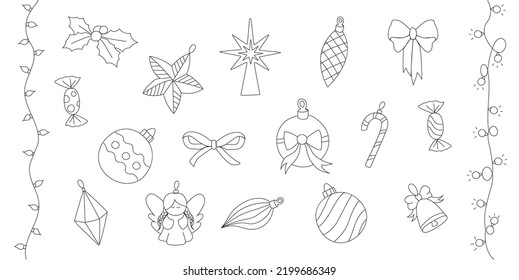 
Tree Decorations and balls Outline Doodle set Icon. Drawn Kit Of Christmas Ball. Simple Christmas Tree Decor Symbol Isolated. svg